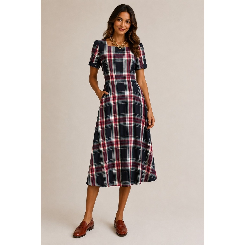 J. Crew Plaid Tartan Maxi Dress Navy Pink Cotton Stretch Fit Flair CQ167 Size 8